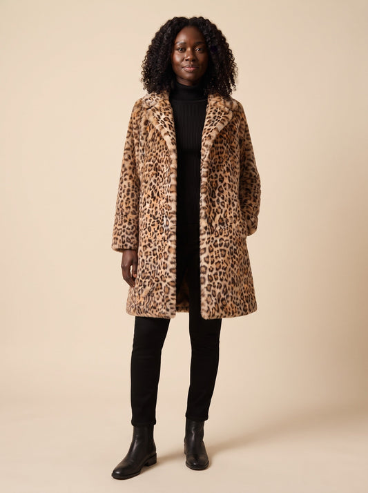 Women's Leopard Print Faux Fur Coat – Khaki – on model