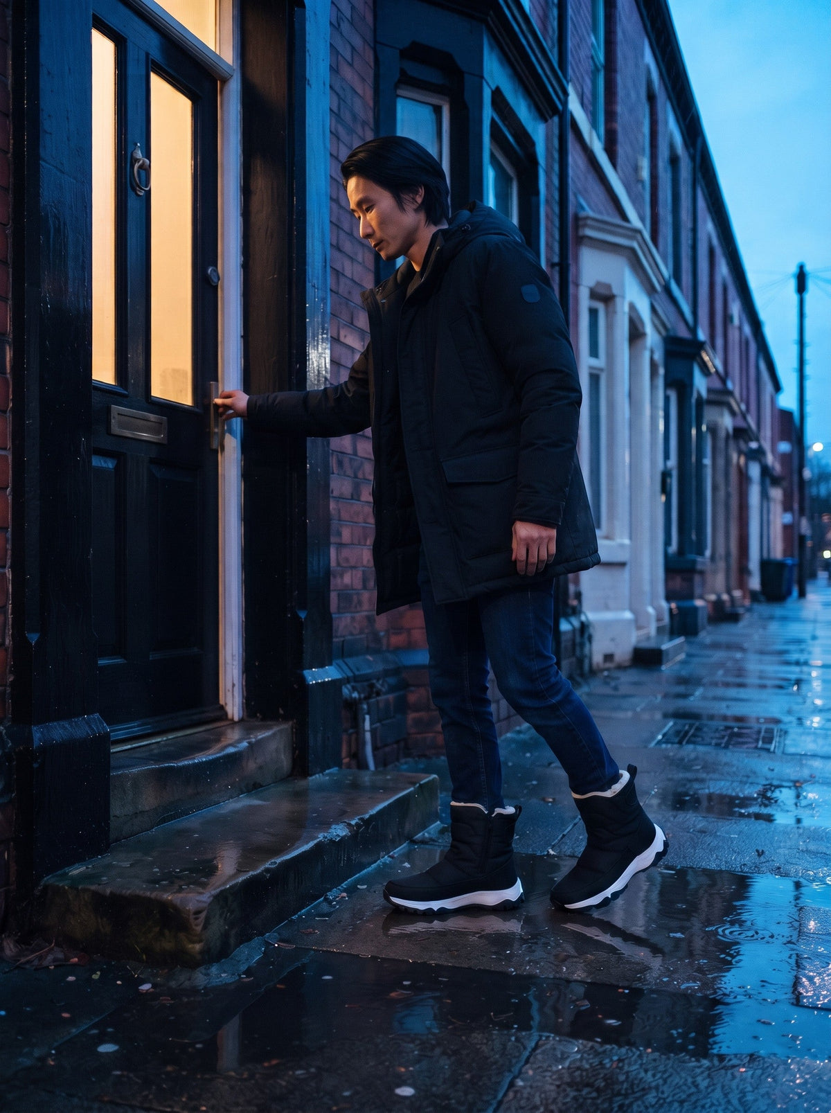 Men's Warm Lined Winter Boots – Black – worn on a wet pavement at the front door