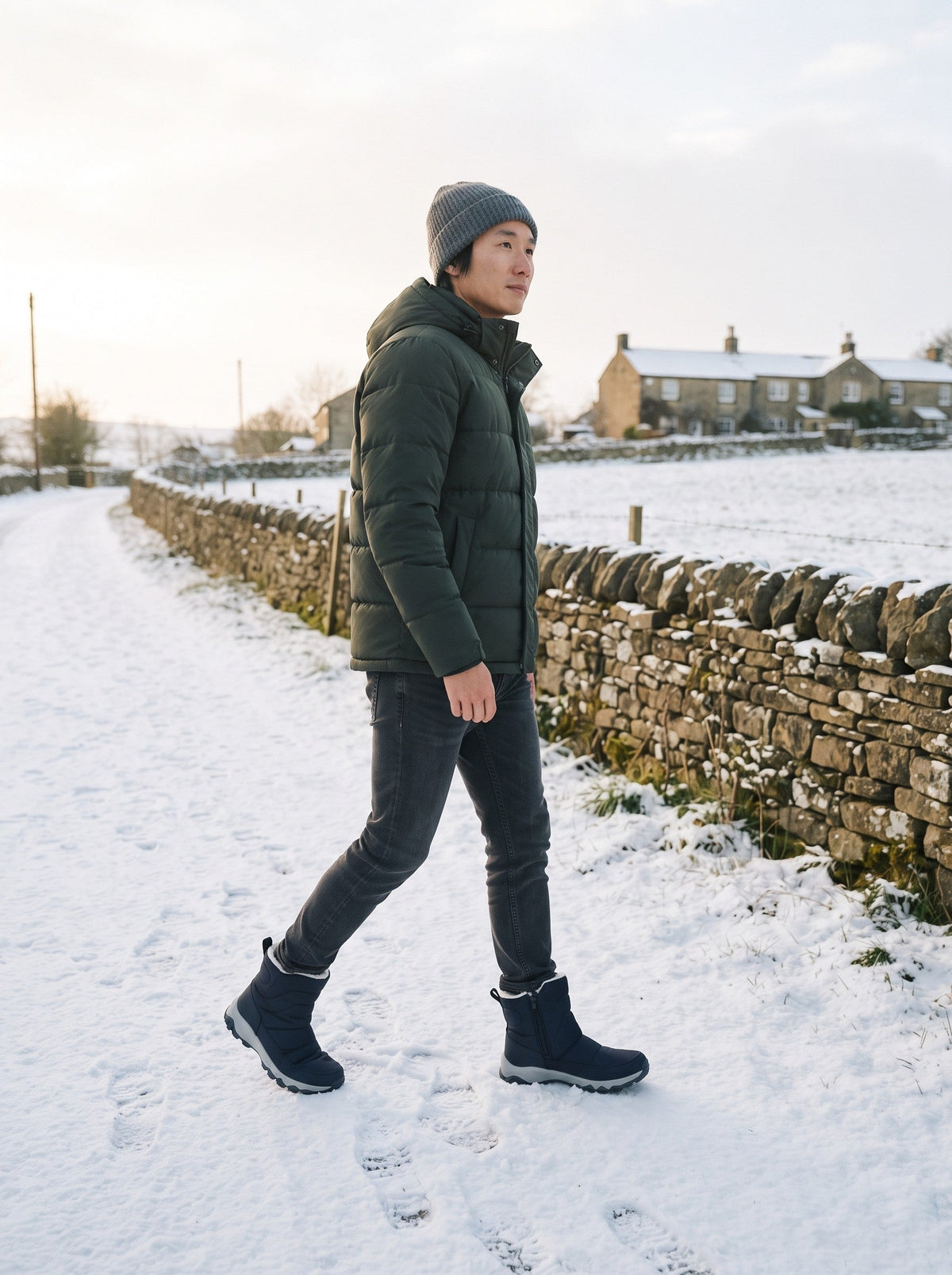 Men's Warm Lined Winter Boots – Blue – worn on a snowy village path