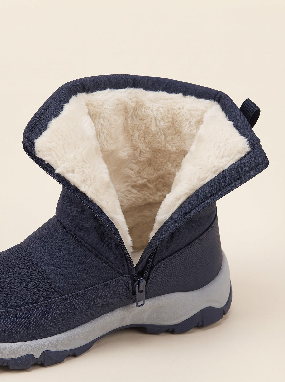 Men's Warm Lined Winter Boots – Blue – plush lining and side zip close-up
