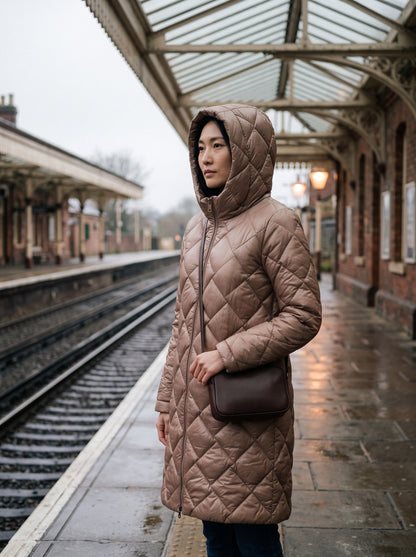 Women's Long Puffer Coat with Hood – Beige – lifestyle station, hood up