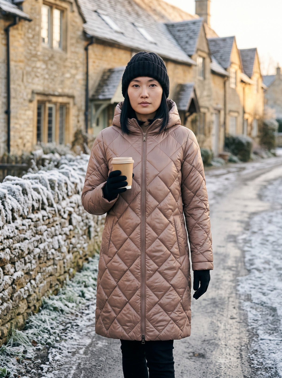 Women's Long Puffer Coat with Hood – Beige – lifestyle frosty village