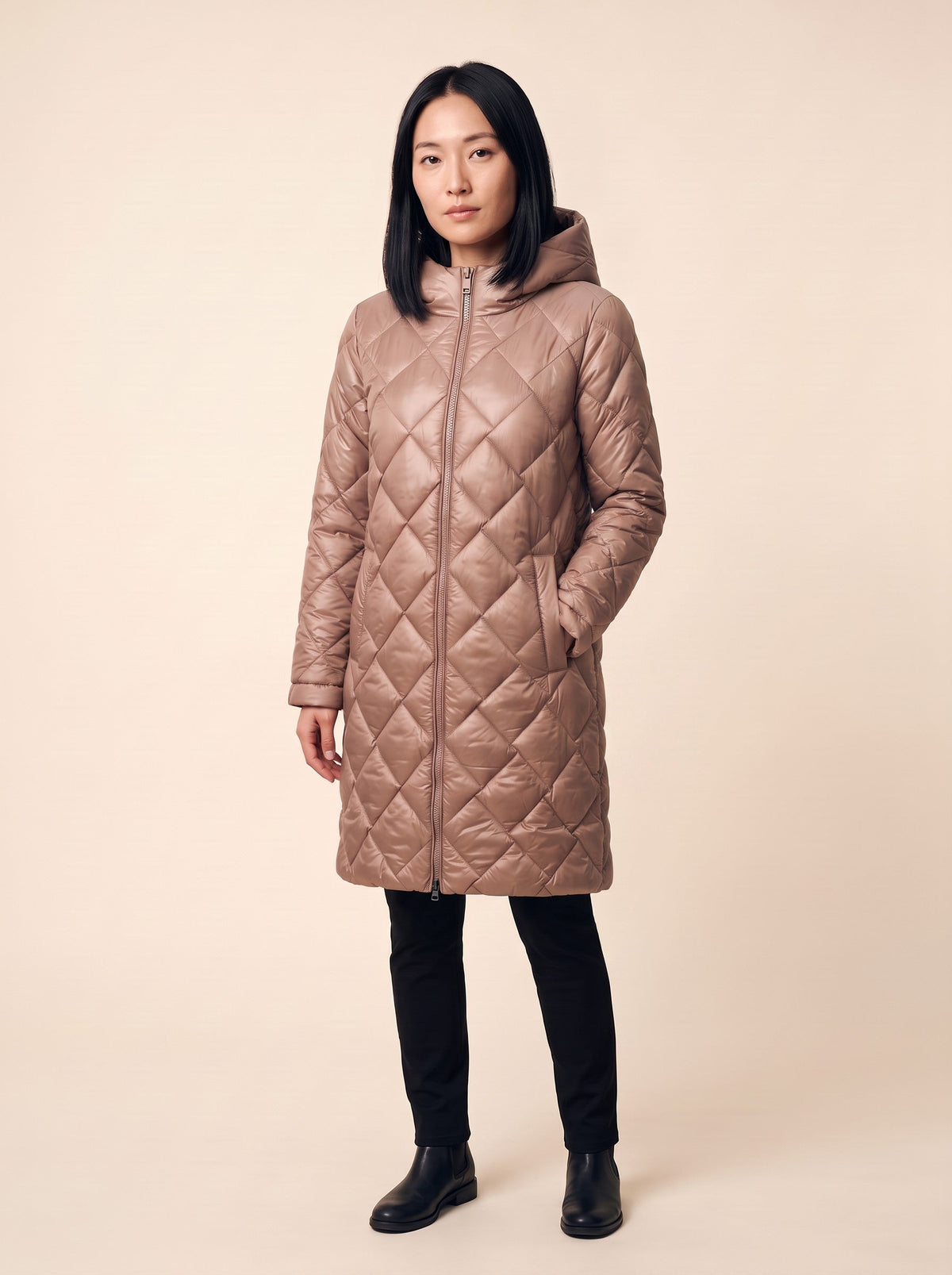 Women's Long Puffer Coat with Hood – Beige – model front
