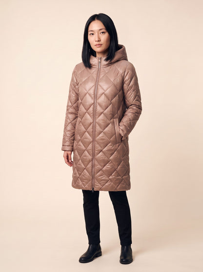 Women's Long Puffer Coat with Hood – Beige – model front
