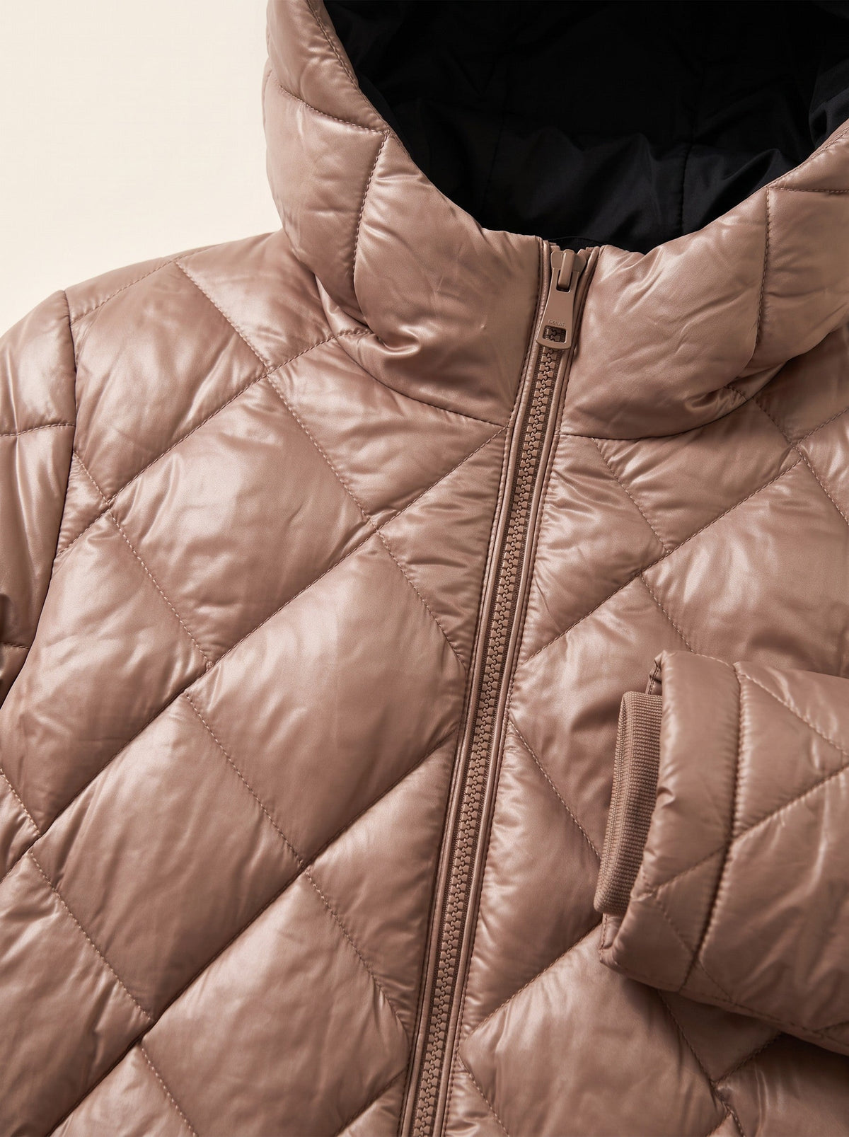 Women's Long Puffer Coat with Hood – Beige – diamond quilting and hood detail