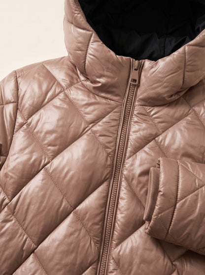 Women's Long Puffer Coat with Hood – Beige – diamond quilting and hood detail
