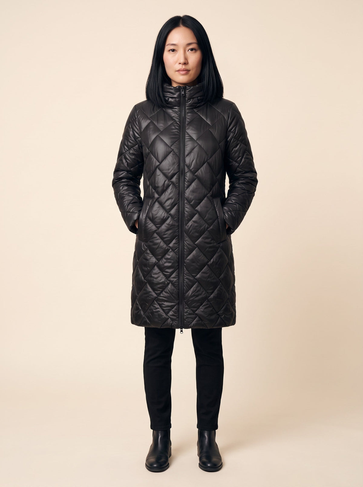 Women's Long Puffer Coat with Hood – Black – model front