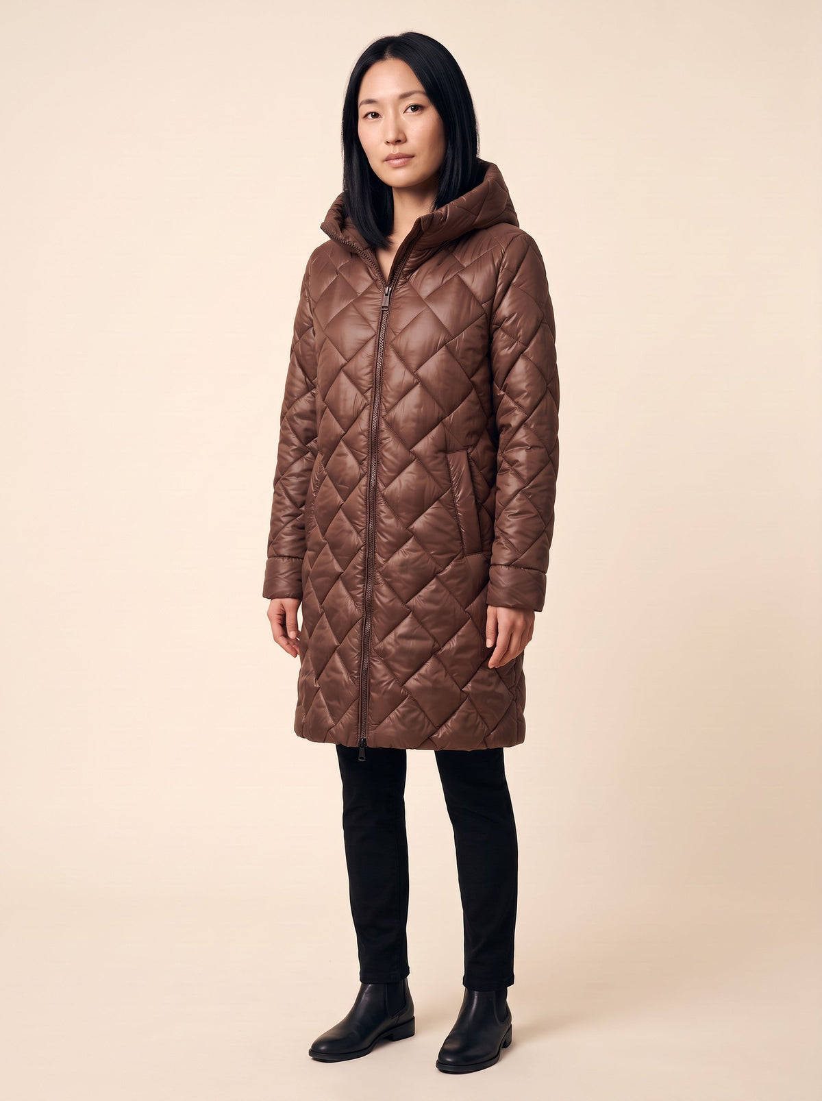 Women's Long Puffer Coat with Hood – Brown – model front