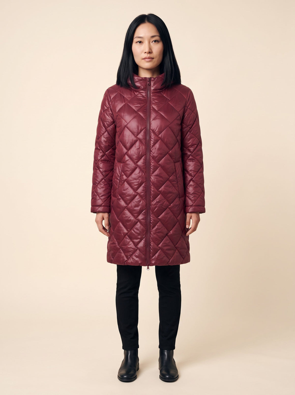 Women's Long Puffer Coat with Hood – Red – model front