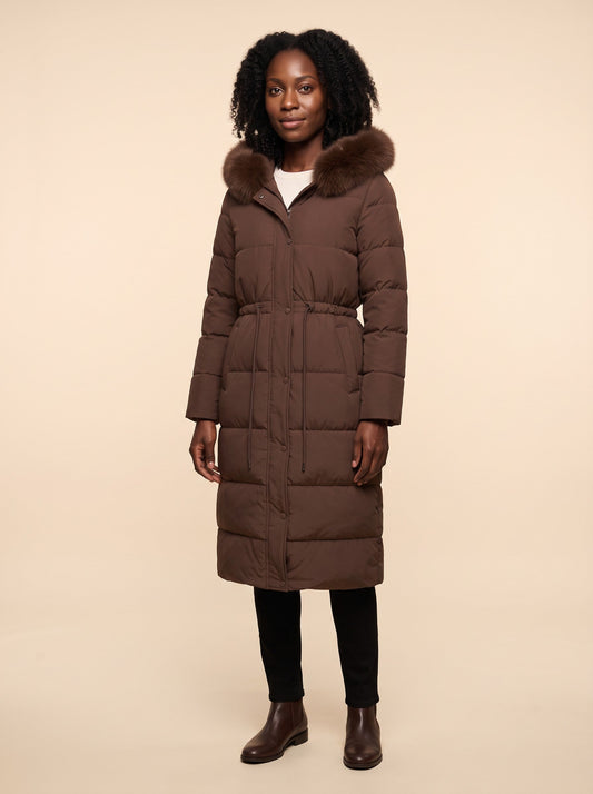Women's Longline Puffer Coat with Faux Fur Hood – Brown – model front