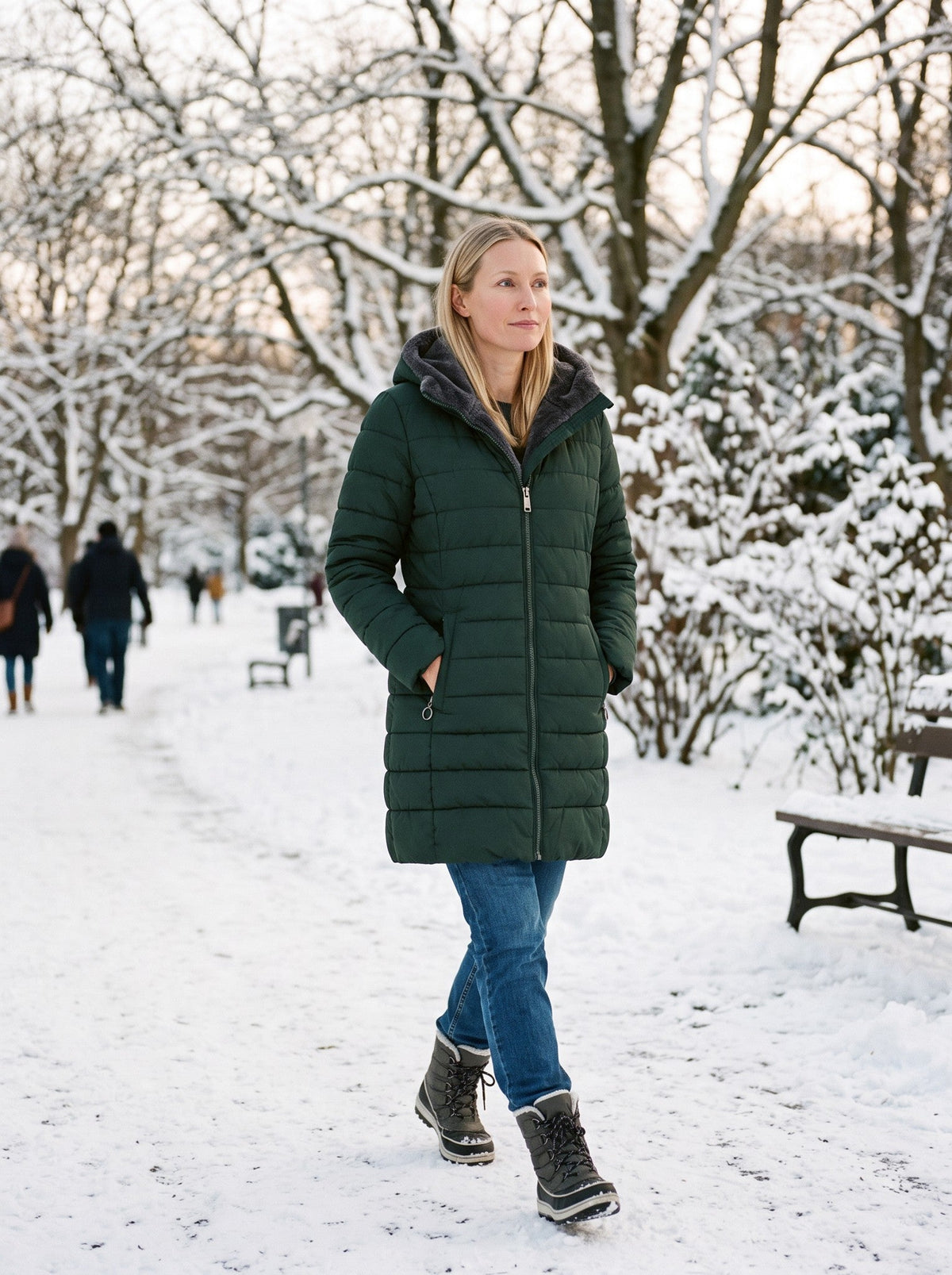 Women's Quilted Longline Puffer Coat – Dark Green – lifestyle