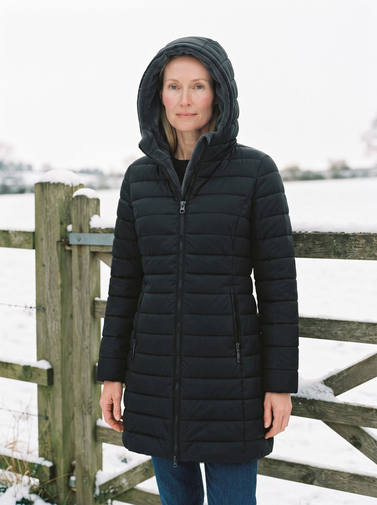 Women's Quilted Longline Puffer Coat – Black – lifestyle