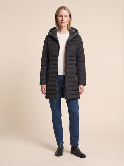 Women's Quilted Longline Puffer Coat – Black – on model