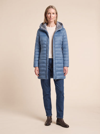 Women's Quilted Longline Puffer Coat – Blue – on model