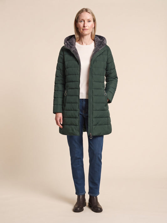 Women's Quilted Longline Puffer Coat – Dark Green – on model