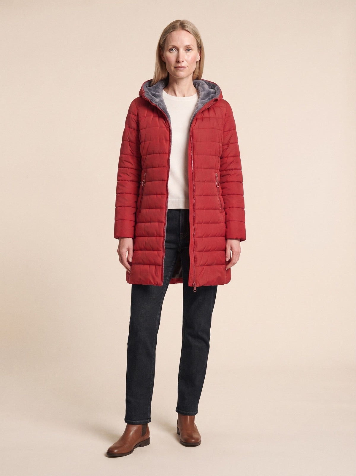 Women's Quilted Longline Puffer Coat – Red – on model