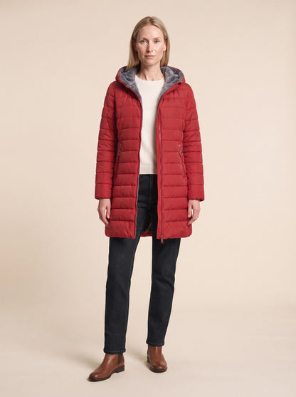 Women's Quilted Longline Puffer Coat – Red – on model