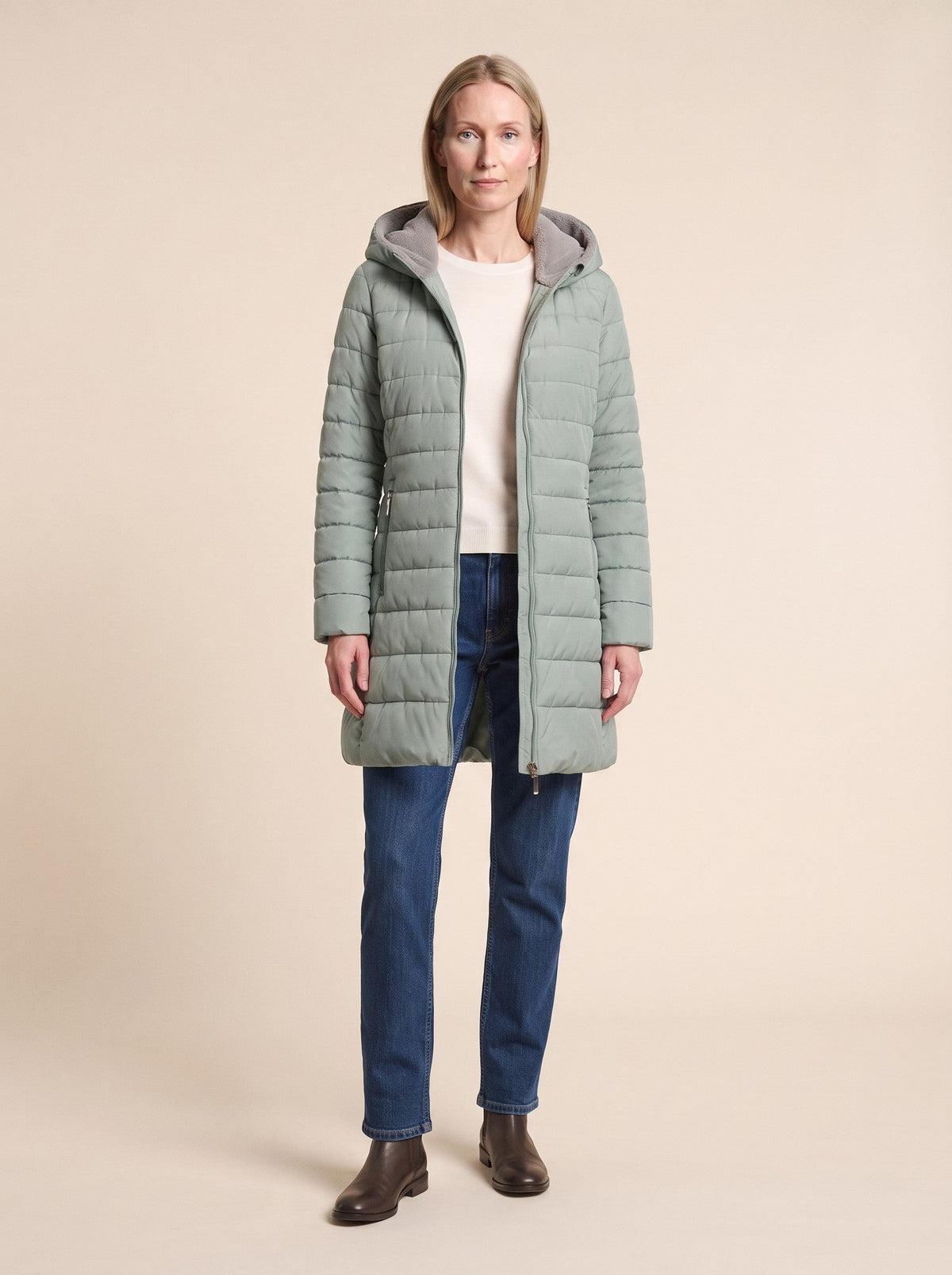 Women's Quilted Longline Puffer Coat – Sage Green – on model