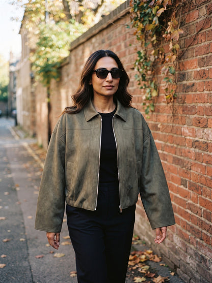 Women's Oversized Cropped Bomber Jacket – Olive Green – lifestyle