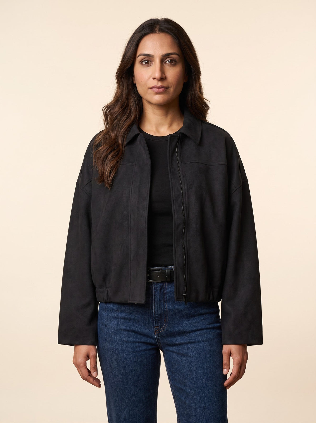 Women's Oversized Cropped Bomber Jacket – Black – on model