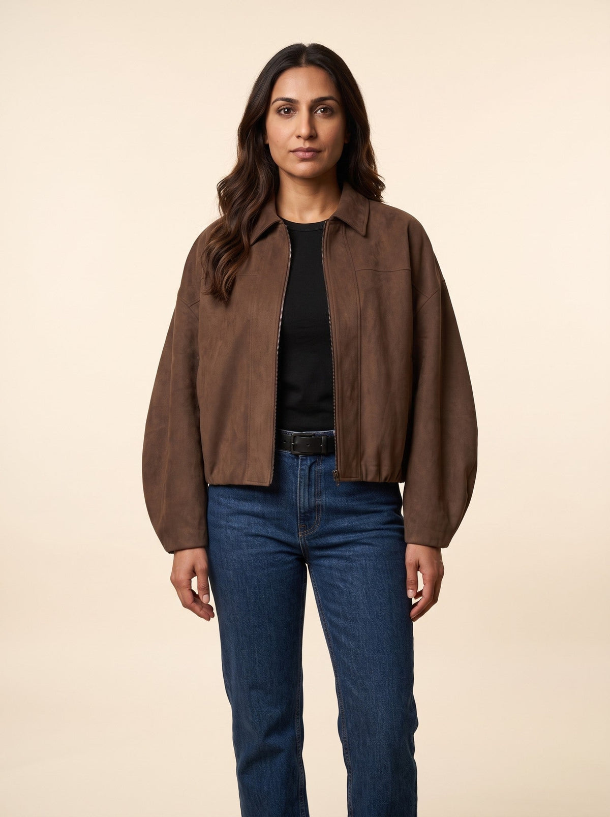 Women's Oversized Cropped Bomber Jacket – Brown – on model
