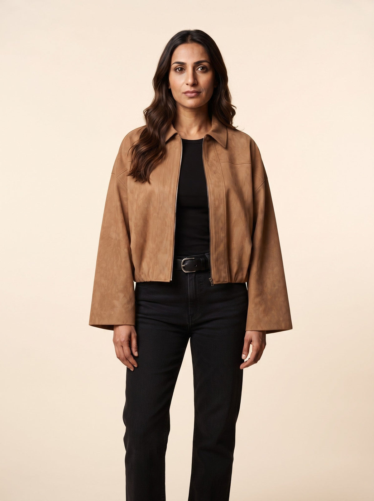 Women's Oversized Cropped Bomber Jacket – Camel – on model