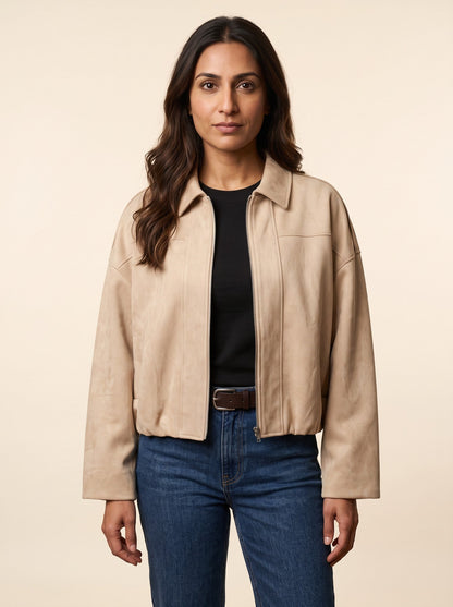 Women's Oversized Cropped Bomber Jacket – Light Beige – on model