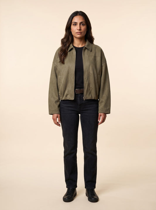 Women's Oversized Cropped Bomber Jacket – Olive Green – on model