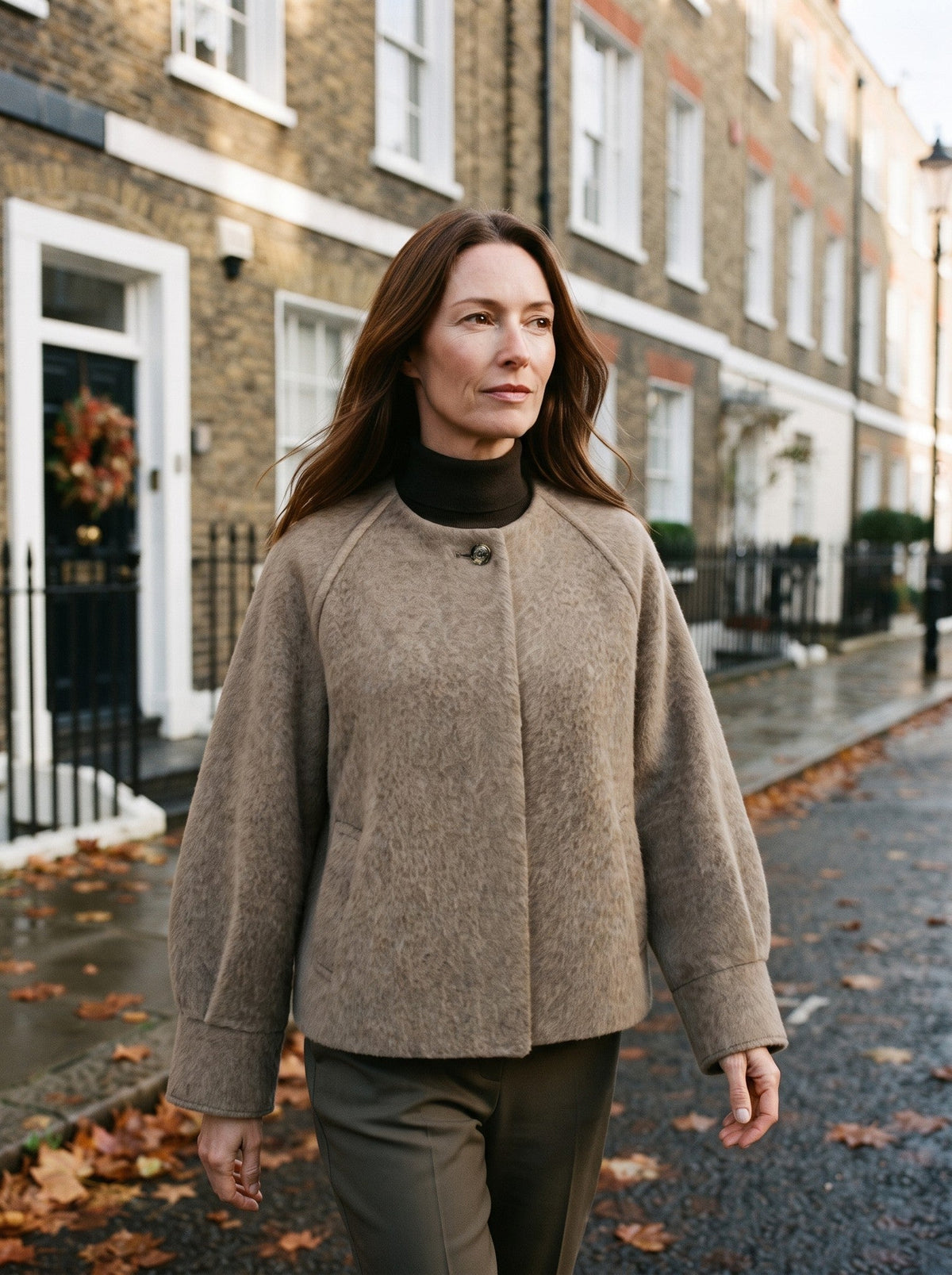 Women's Short Wool-Look Jacket – Khaki – lifestyle