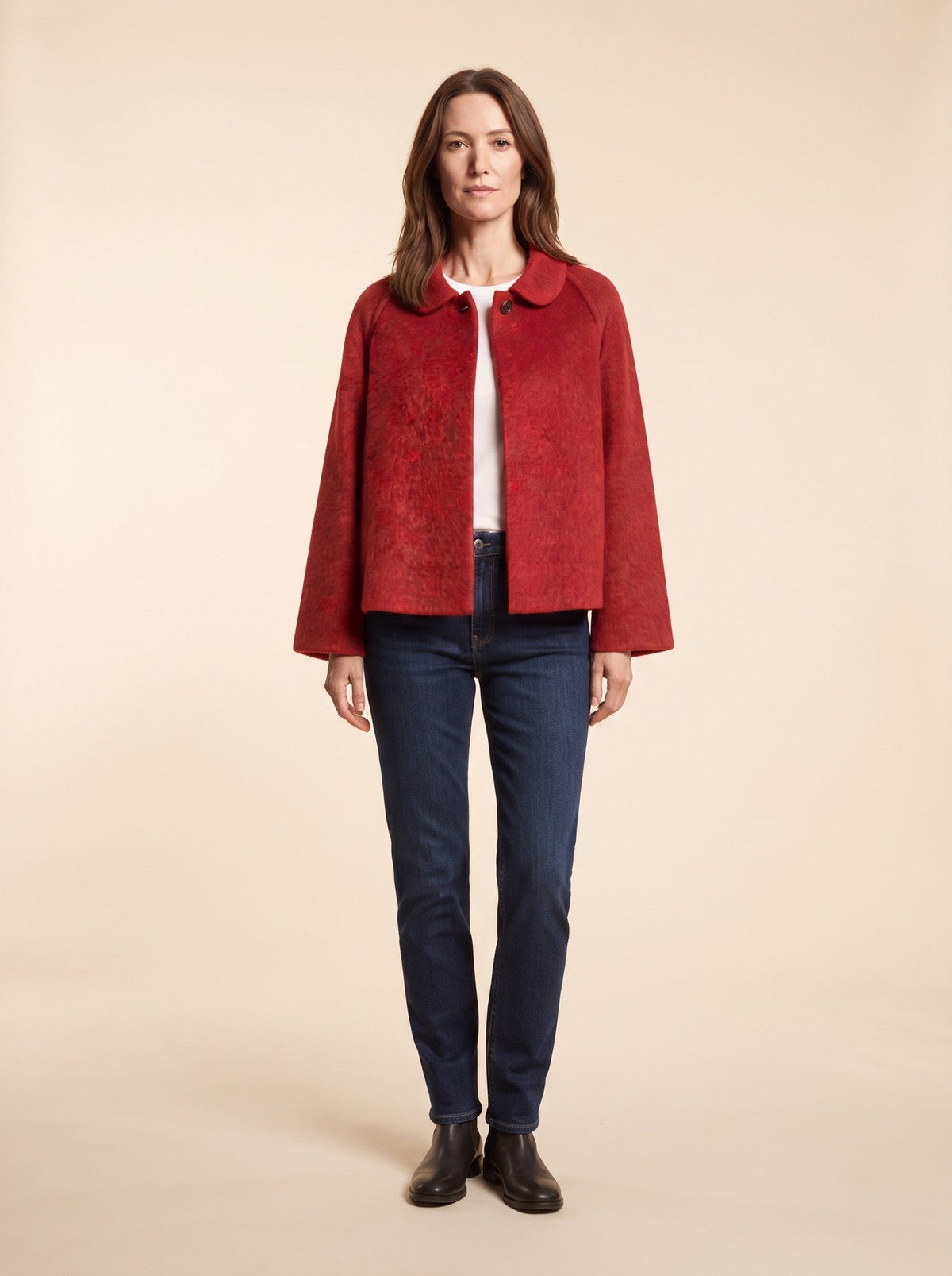 Women's Short Wool-Look Jacket – Red – on model