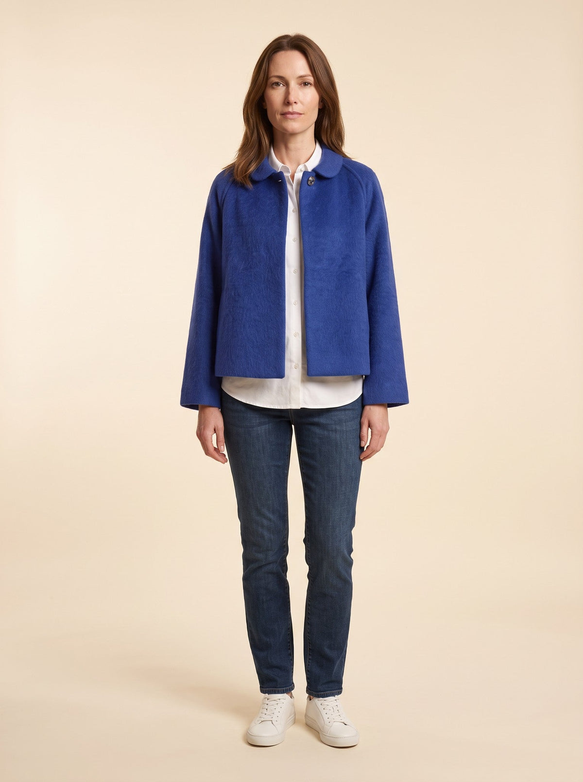 Women's Short Wool-Look Jacket – Royal Blue – on model