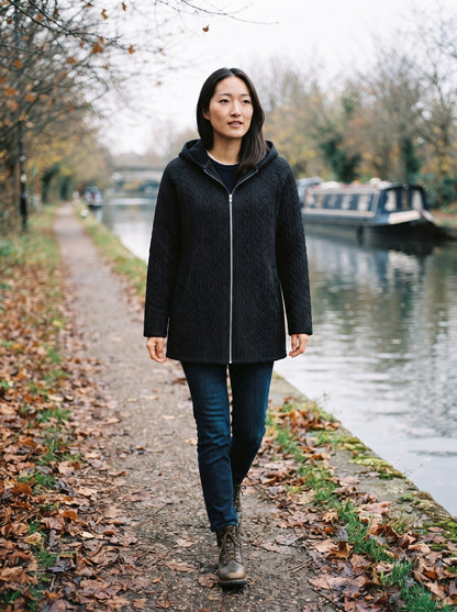 Women's Cable Knit Hooded Jacket – Black – lifestyle