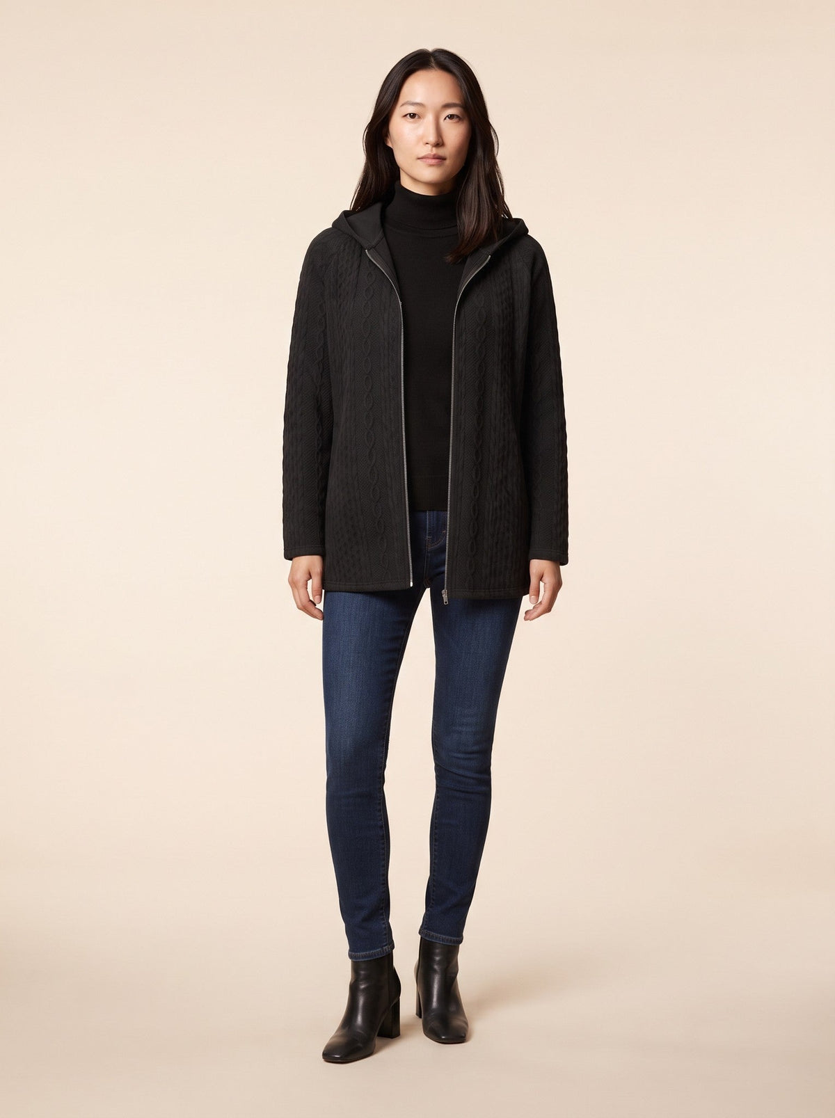 Women's Cable Knit Hooded Jacket – Black – on model