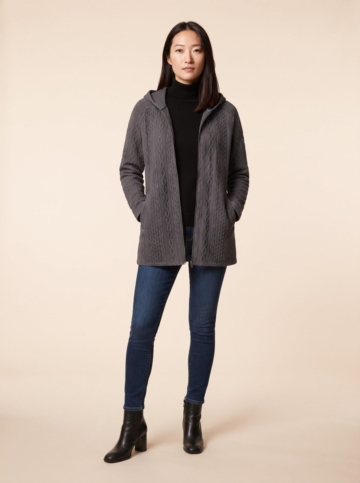 Women's Cable Knit Hooded Jacket – Charcoal – on model
