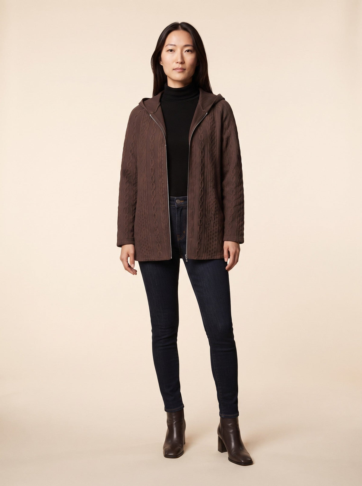 Women's Cable Knit Hooded Jacket – Dark Brown – on model
