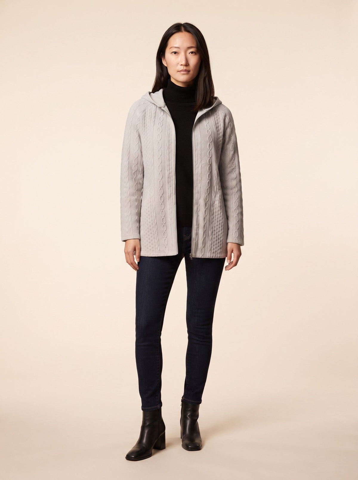 Women's Cable Knit Hooded Jacket – Light Grey – on model