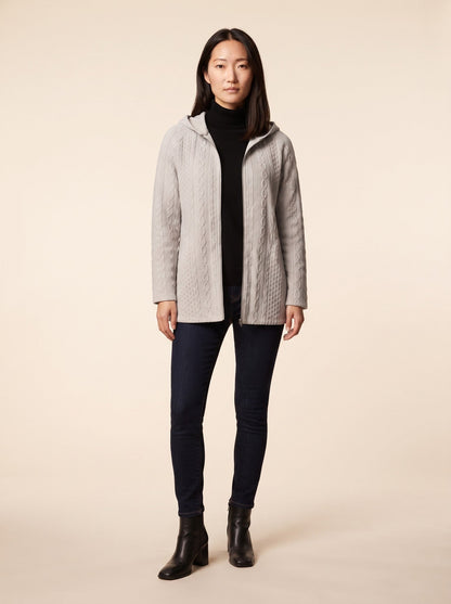 Women's Cable Knit Hooded Jacket – Light Grey – on model