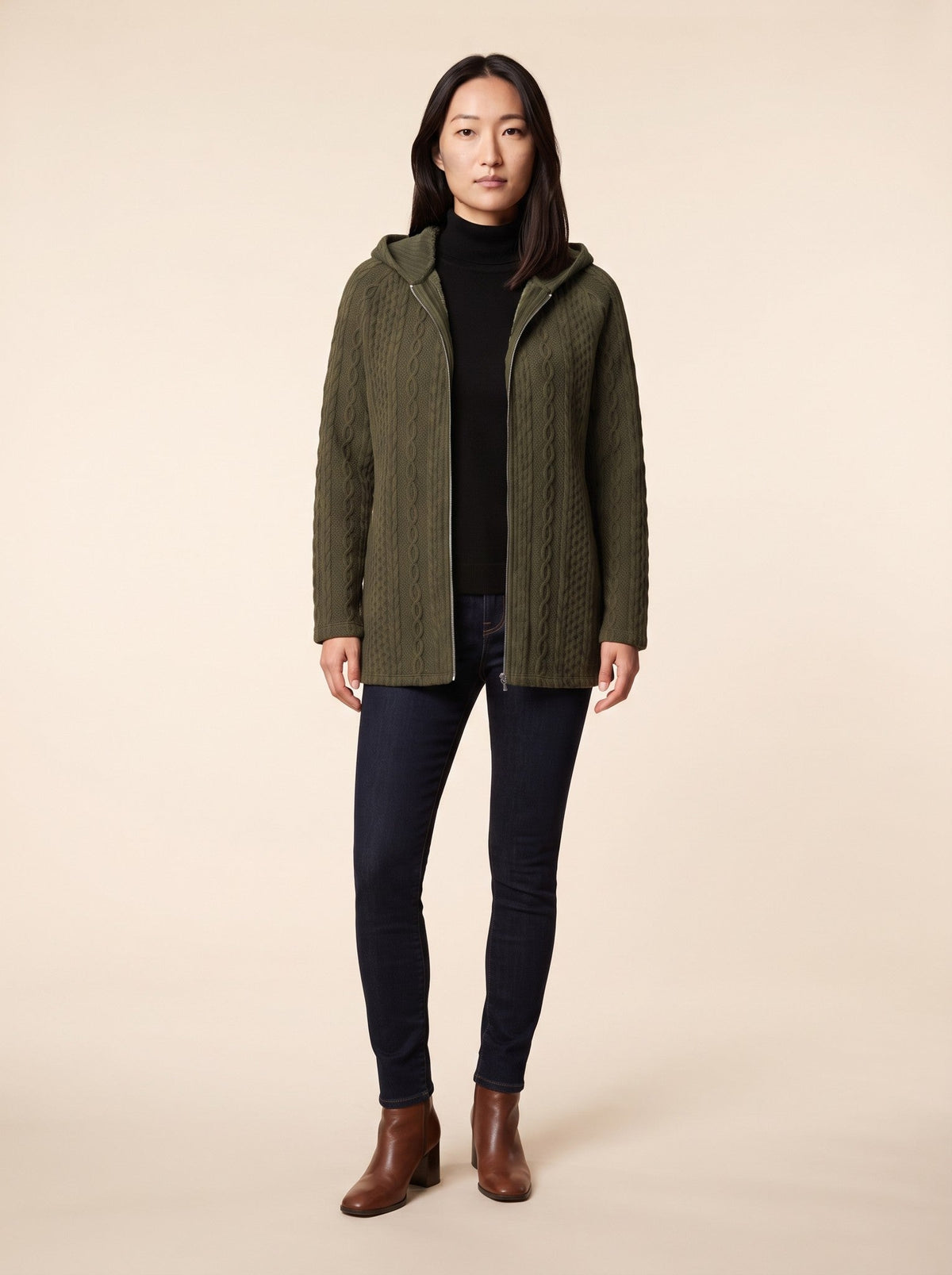 Women's Cable Knit Hooded Jacket – Olive Green – on model