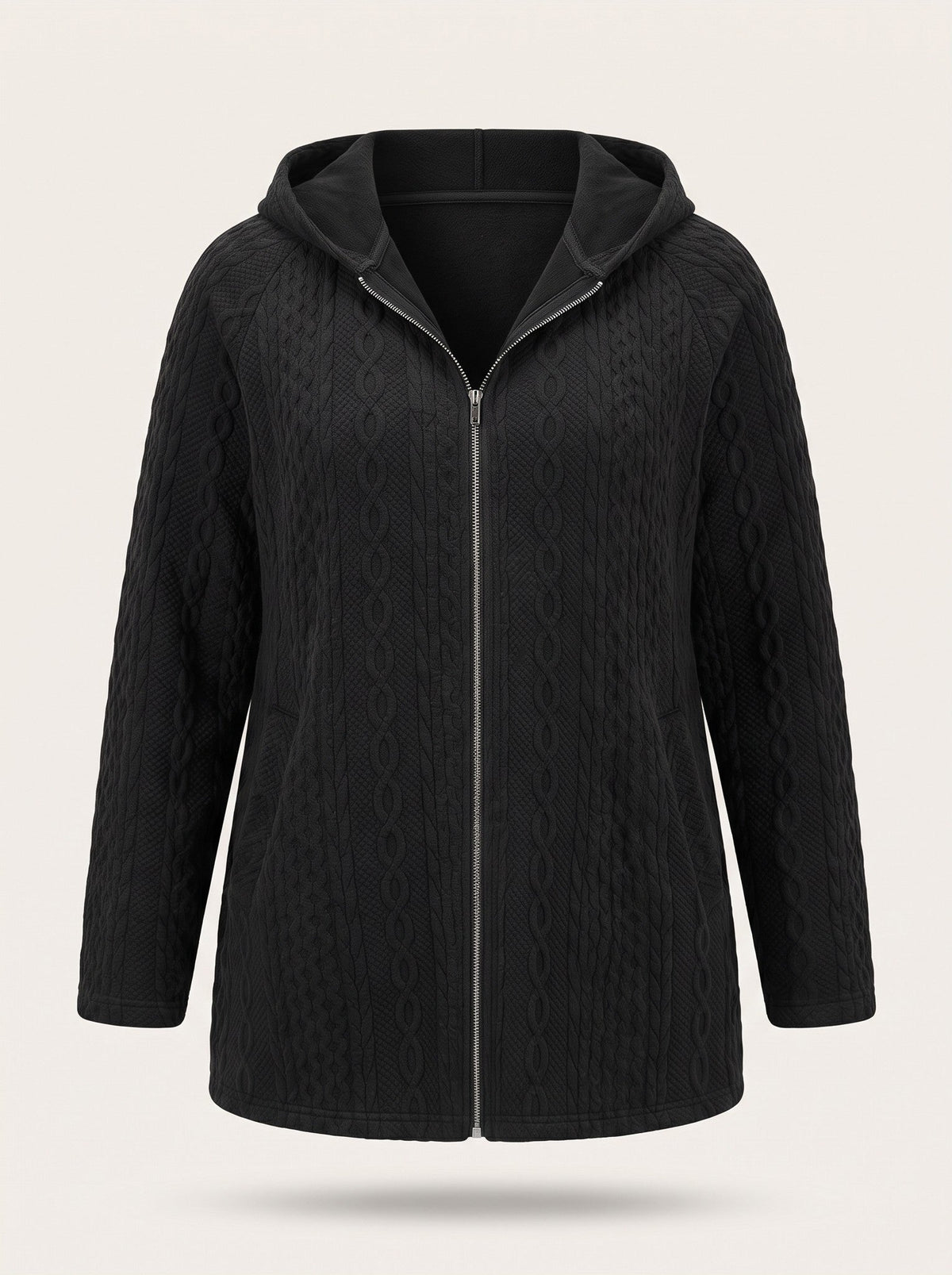 Women's Cable Knit Hooded Jacket – Black – packshot