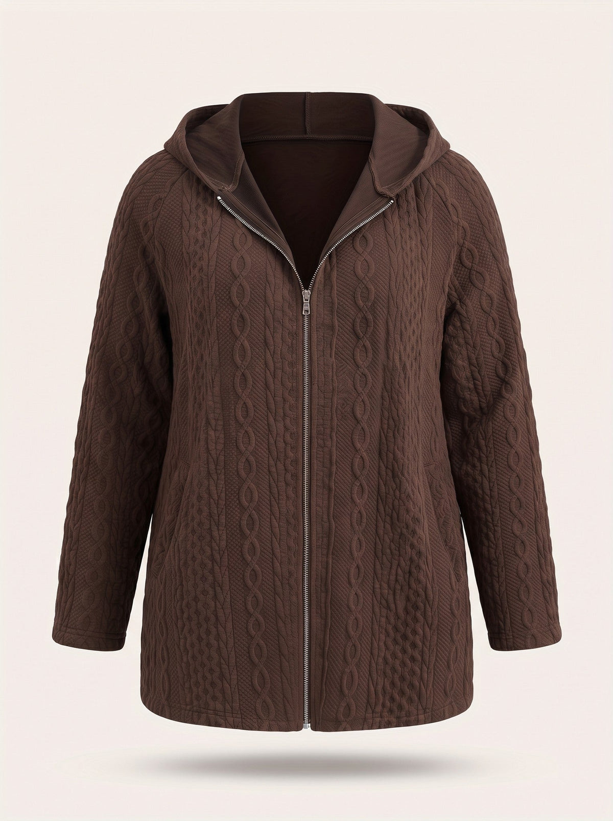 Women's Cable Knit Hooded Jacket – Dark Brown – packshot