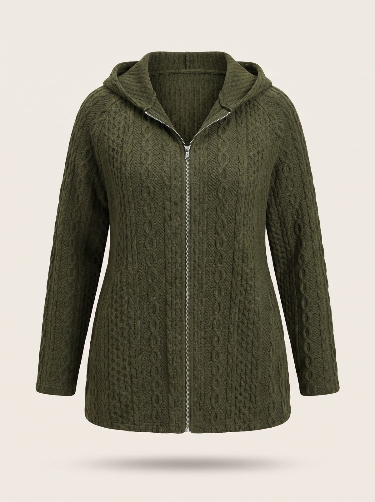 Women's Cable Knit Hooded Jacket – Olive Green – packshot