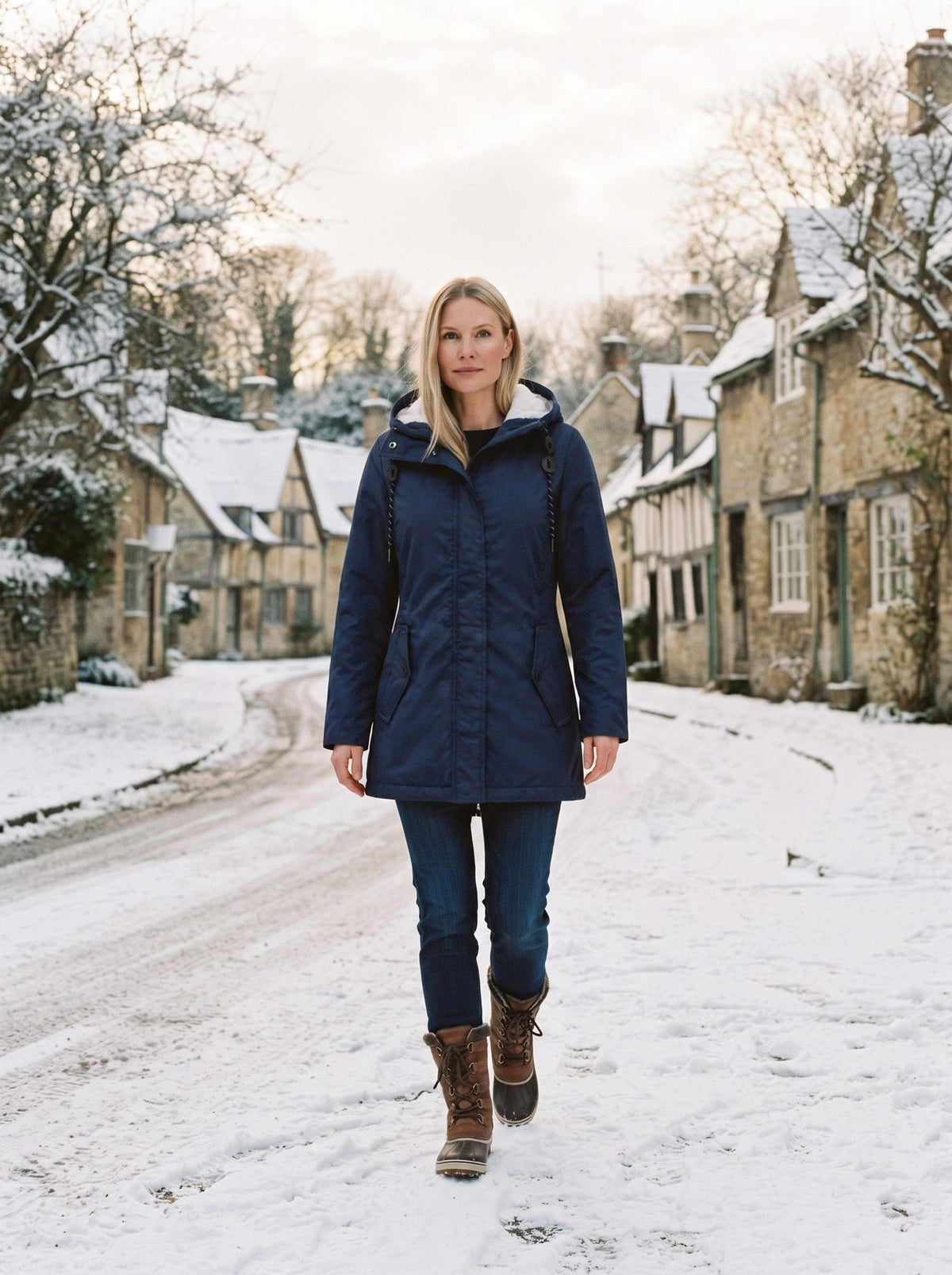 Women's Water-Repellent Hooded Coat – Navy Blue – lifestyle