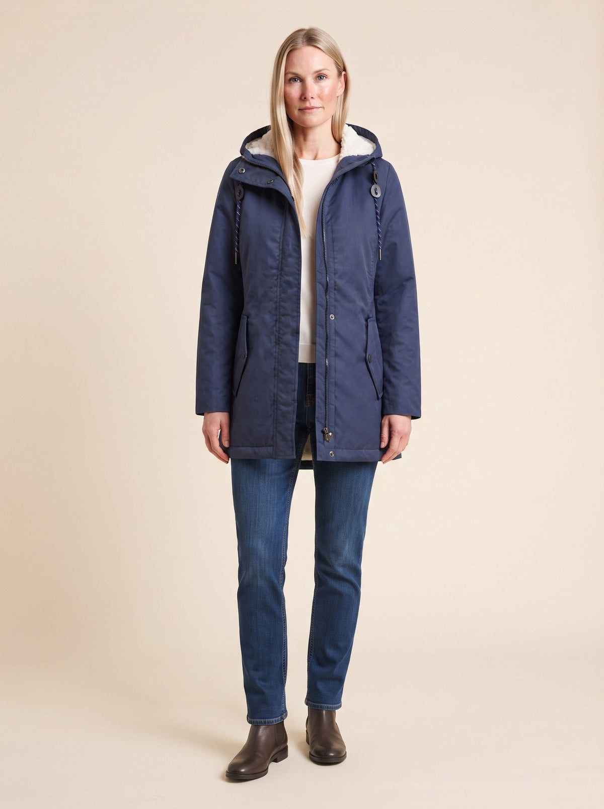Women's Water-Repellent Hooded Coat – Navy Blue – on model