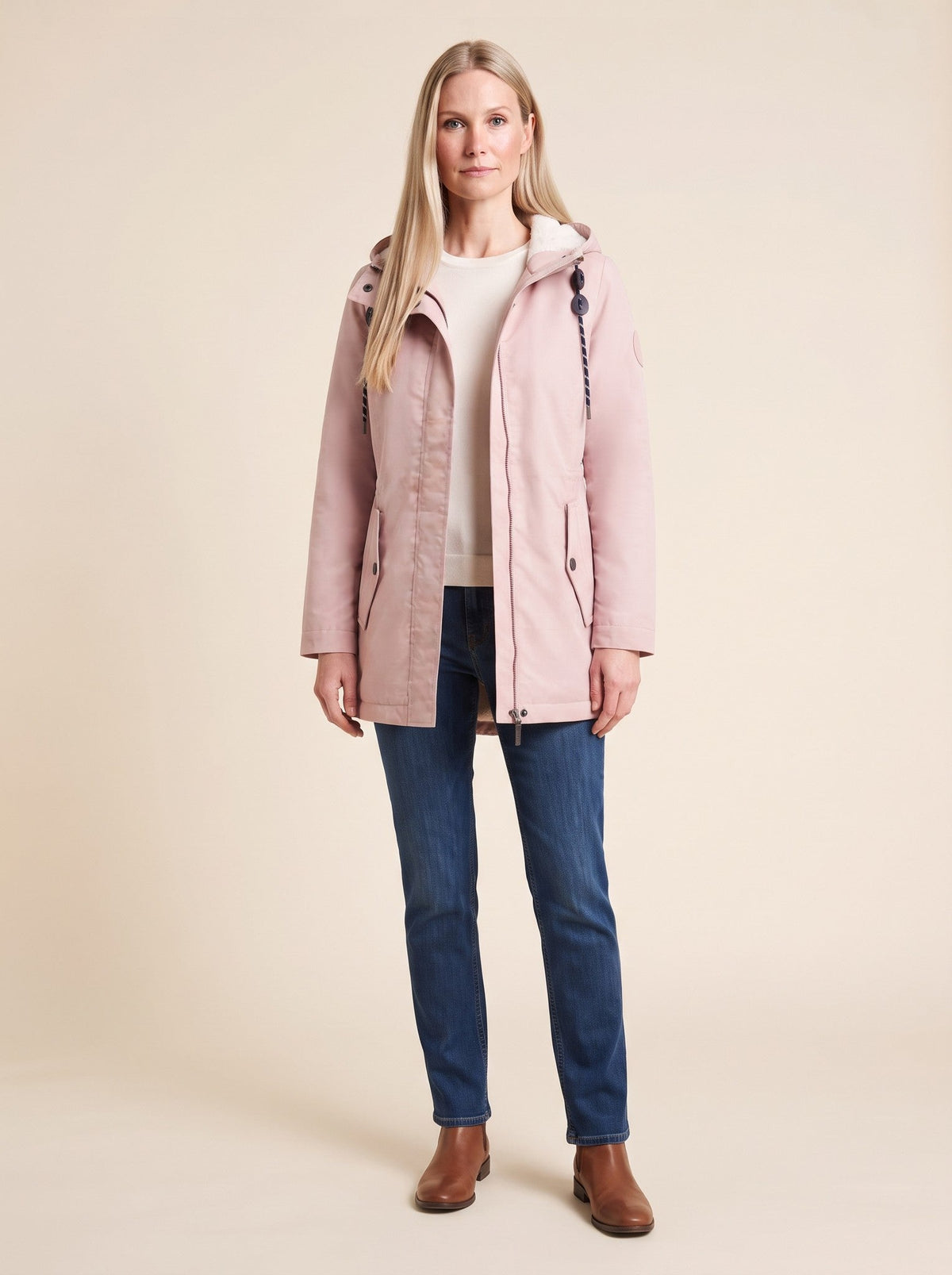 Women's Water-Repellent Hooded Coat – Pink – on model