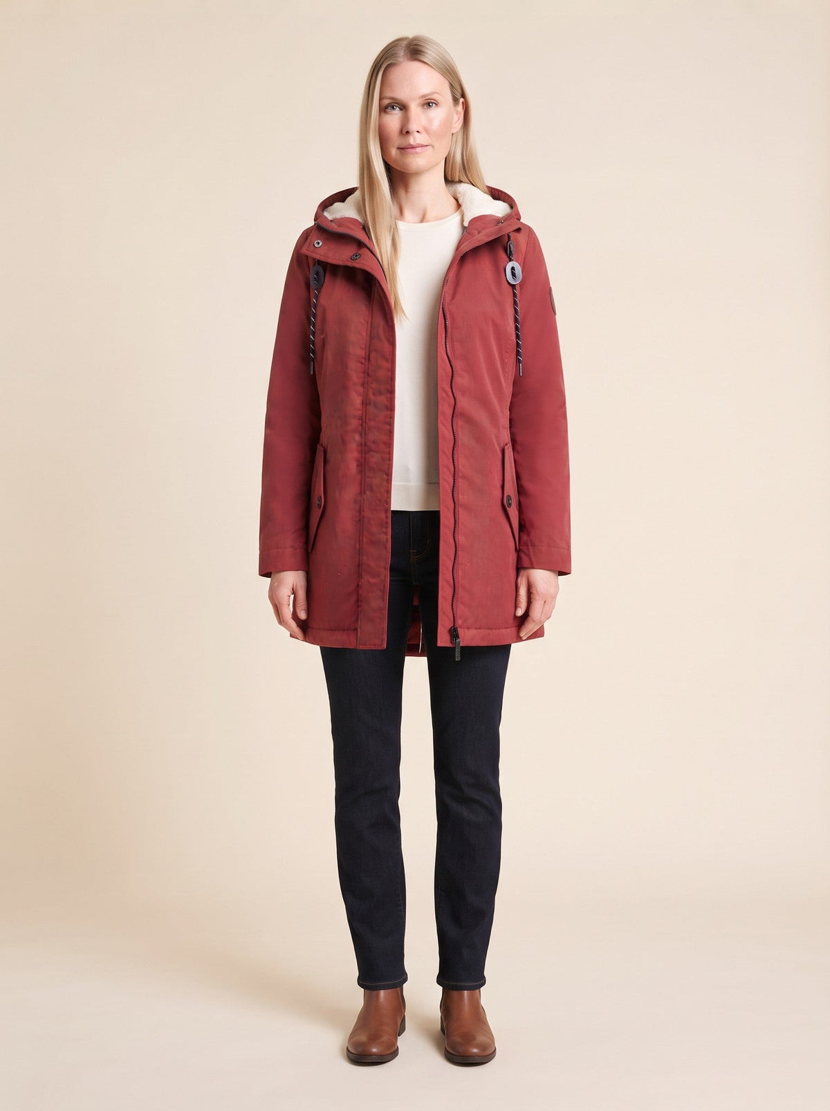 Women's Water-Repellent Hooded Coat – Red – on model