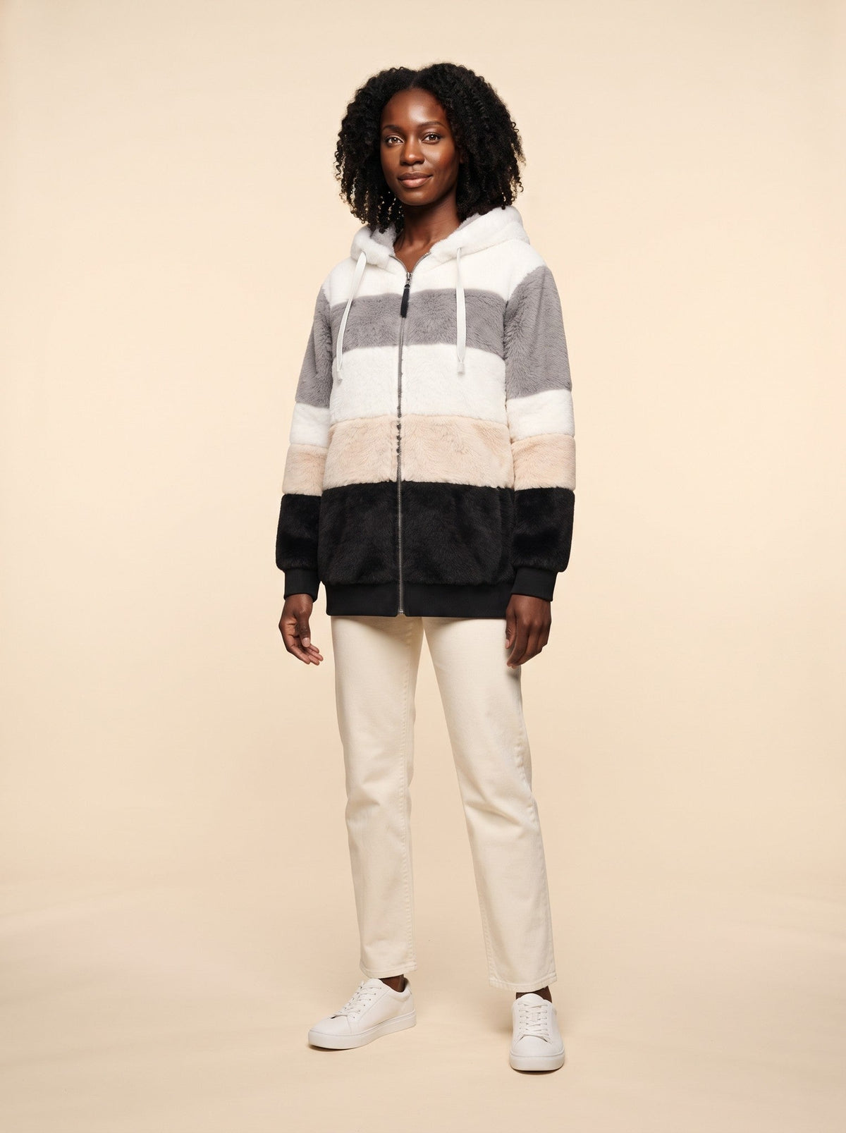 Women's Colour Block Teddy Fleece Jacket – Black – on model