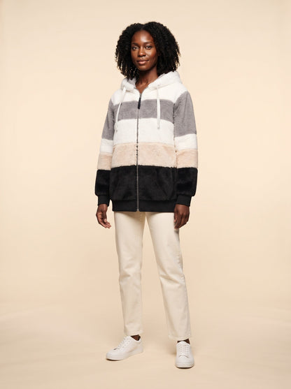 Women's Colour Block Teddy Fleece Jacket – Black – on model