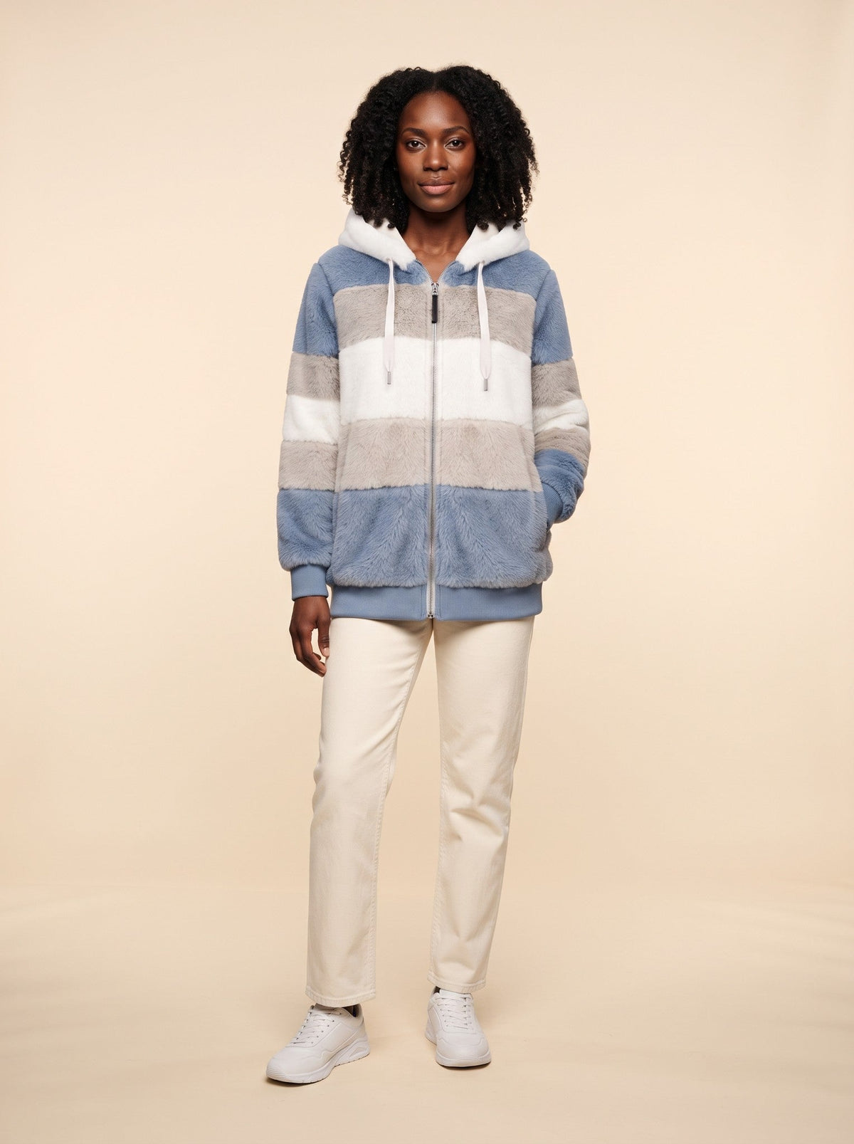 Women's Colour Block Teddy Fleece Jacket – Blue & White – on model