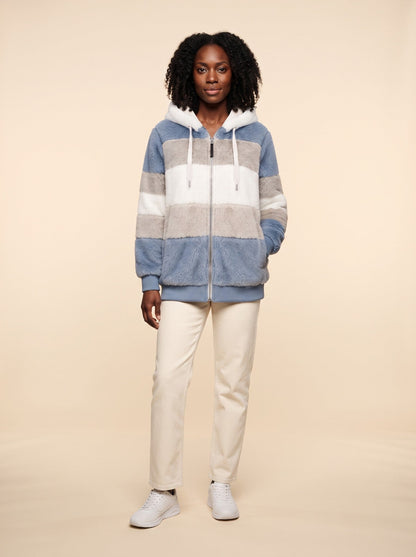 Women's Colour Block Teddy Fleece Jacket – Blue & White – on model