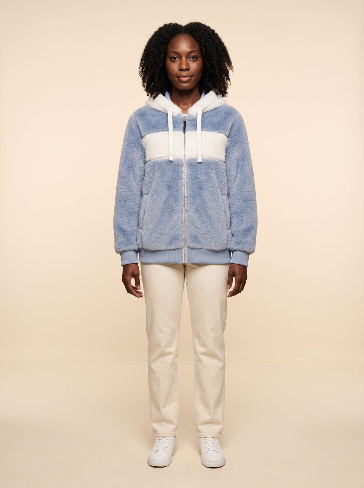 Women's Colour Block Teddy Fleece Jacket – Blue – on model